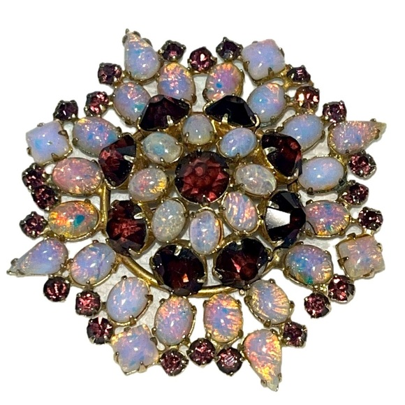 Jewelry - Vintage Faux Fire Opal & Dragon's Breath Purple Stones Brooch Gold-Tone